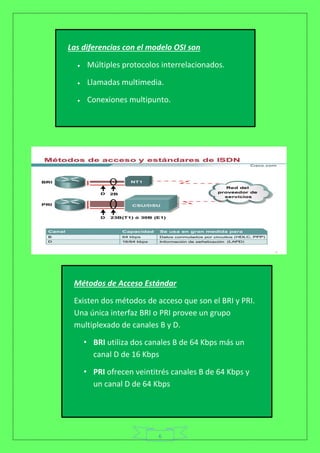 6
Las diferencias con el modelo OSI son
 Múltiples protocolos interrelacionados.
 Llamadas multimedia.
 Conexiones multipunto.
Métodos de Acceso Estándar
Existen dos métodos de acceso que son el BRI y PRI.
Una única interfaz BRI o PRI provee un grupo
multiplexado de canales B y D.
• BRI utiliza dos canales B de 64 Kbps más un
canal D de 16 Kbps
• PRI ofrecen veintitrés canales B de 64 Kbps y
un canal D de 64 Kbps
 