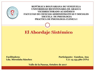 REPÚBLICA BOLIVARIANA DE VENEZUELA
UNIVERSIDAD BICENTENARIA DE ARAGUA
VICERRECTORADO ACADÉMICO
FACULTAD DE CIENCIAS ADMINISTRATIVAS Y SOCIALES
ESCUELA DE PSICOLOGIA
PRACTICA DE PSICOLOGIA CLINICA I
Facilitadora: Participante: Gamboa, Ana
Lda. Miroslaba Sánchez C.I: 13.153.580 (VP1)
Valle de la Pascua, Octubre de 2017
 