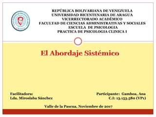 REPÚBLICA BOLIVARIANA DE VENEZUELA
UNIVERSIDAD BICENTENARIA DE ARAGUA
VICERRECTORADO ACADÉMICO
FACULTAD DE CIENCIAS ADMINISTRATIVAS Y SOCIALES
ESCUELA DE PSICOLOGIA
PRACTICA DE PSICOLOGIA CLINICA I
Facilitadora: Participante: Gamboa, Ana
Lda. Miroslaba Sánchez C.I: 13.153.580 (VP1)
Valle de la Pascua, Noviembre de 2017
 