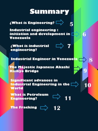 Summary
¿What is Engineering?
Industrial engineering :
initiation and development in
Venezuela
Industrial Engineer in Venezuela
The Majestic Japanese Akashi
Kaikyo Bridge
Significant advances in
Industrial Engineering in the
World
What is Petroleum
Engineering?
The Fracking
¿What is industrial
engineering?
5
6
7
8
9
10
11
12
 