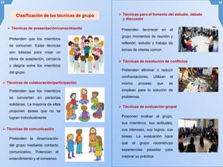 Pretenden que los miembros
se conozcan. Estas técnicas
son básicas para crear un
clima de aceptación, cercanía
y alegría entre los miembros
del grupo.
23 24
Clasificación de las técnicas de grupo
 Técnicas de presentación/conocimiento
 Técnicas de colaboración/participación
Pretenden que los miembros
se conviertan en personas
solidarias. La mayoría de ellas
proponen tareas que no se
logran individualmente
 Técnicas de comunicación
Pretenden la dinamización
del grupo mediante contacto
comunicativo. Potencian el
entendimiento y el consenso.
 Técnicas para el fomento del estudio, debate
y discusión
Pretenden favorecer en el
grupo momentos de reunión y
reflexión, estudio y trabajo de
temas de interés común.
 Técnicas de resolución de conflictos
Pretenden eliminar o reducir
confrontaciones. Utilizan el
mismo proceso que se
emplean para la solución de
problemas.
 Técnicas de evaluación grupal
Proponen evaluar al grupo,
sus miembros, sus actitudes,
sus intereses, sus logros, sus
tareas. La evaluación hace
que el grupo reconstruya
experiencias pasadas para
mejorar su práctica.
 