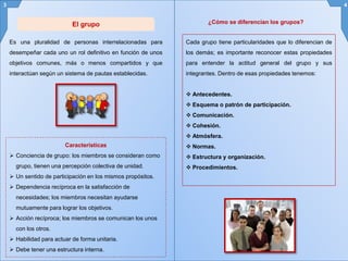 El grupo
Es una pluralidad de personas interrelacionadas para
desempeñar cada uno un rol definitivo en función de unos
objetivos comunes, más o menos compartidos y que
interactúan según un sistema de pautas establecidas.
Características
 Conciencia de grupo: los miembros se consideran como
grupo, tienen una percepción colectiva de unidad.
 Un sentido de participación en los mismos propósitos.
 Dependencia recíproca en la satisfacción de
necesidades; los miembros necesitan ayudarse
mutuamente para lograr los objetivos.
 Acción recíproca; los miembros se comunican los unos
con los otros.
 Habilidad para actuar de forma unitaria.
 Debe tener una estructura interna.
3 4
¿Cómo se diferencian los grupos?
Cada grupo tiene particularidades que lo diferencian de
los demás; es importante reconocer estas propiedades
para entender la actitud general del grupo y sus
integrantes. Dentro de esas propiedades tenemos:
 Antecedentes.
 Esquema o patrón de participación.
 Comunicación.
 Cohesión.
 Atmósfera.
 Normas.
 Estructura y organización.
 Procedimientos.
 