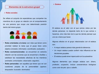 Elementos de la estructura grupal
Se refiere al conjunto de expectativas que comparten los
miembros de un grupo en relación con el comportamiento
de una persona que ocupa una determinada posición
dentro del mismo grupo.
11 12
El estatus es el valor con el que somos vistos por las
demás personas; no depende tanto de lo que somos o
hacemos, sino más bien de lo que los demás piensan que
uno es o tiene que hacer.
 Roles sociales
• Roles orientados a la tarea: son roles que tienen como
prioridad realizar la tarea que el grupo tiene como
objetivo (iniciador, informador, coordinador, evaluador).
• Roles socioemocionales: se encuentran en estrecha
relación con las acciones que se encaminan a facilitar y
satisfacer las necesidades afectivas de los miembros
(animador, armonizador, observador, seguidor).
• Roles personales: son aquellos que tienen que ver con
cuestiones propias de la personalidad (agresor,
bloqueador, buscador, dominador)
 Estatus
Algunos efectos en el grupo relacionados con el estatus
son:
• A mayor estatus parece más grande la tolerancia.
• Un mayor estatus puede conferir más influencia en las
decisiones grupales.
• El estatus puede tener repercusión en la autoestima
Algunos elementos que otorgan estatus son: dinero,
profesión, ocupación, incluso características biológicas
como color de piel, ojos o cabello.
 