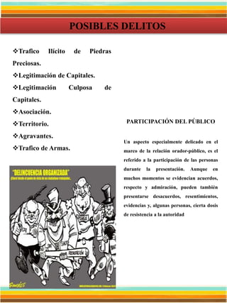 POSIBLES DELITOS
Trafico Ilícito de Piedras
Preciosas.
Legitimación de Capitales.
Legitimación Culposa de
Capitales.
Asociación.
Territorio.
Agravantes.
Trafico de Armas.
PARTICIPACIÓN DEL PÚBLICO
Un aspecto especialmente delicado en el
marco de la relación orador-público, es el
referido a la participación de las personas
durante la presentación. Aunque en
muchos momentos se evidencian acuerdos,
respecto y admiración, pueden también
presentarse desacuerdos, resentimientos,
evidencias y, algunas personas, cierta dosis
de resistencia a la autoridad
 