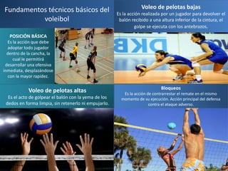 Fundamentos técnicos básicos del
voleibol
POSICIÓN BÁSICA
Es la acción que debe
adoptar todo jugador
dentro de la cancha, la
cual le permitirá
desarrollar una ofensiva
inmediata, desplazándose
con la mayor rapidez.
Voleo de pelotas altas
Es el acto de golpear el balón con la yema de los
dedos en forma limpia, sin retenerlo ni empujarlo.
Voleo de pelotas bajas
Es la acción realizada por un jugador para devolver el
balón recibido a una altura inferior de la cintura, el
golpe se ejecuta con los antebrazos.
Bloqueos
Es la acción de contrarrestar el remate en el mismo
momento de su ejecución. Acción principal del defensa
contra el ataque adverso.
 