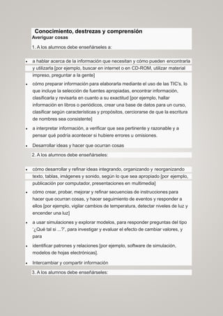 Conocimiento, destrezas y comprensión
Averiguar cosas
1. A los alumnos debe enseñárseles a:
 a hablar acerca de la información que necesitan y cómo pueden encontrarla
y utilizarla [por ejemplo, buscar en internet o en CD-ROM, utilizar material
impreso, preguntar a la gente]
 cómo preparar información para elaborarla mediante el uso de las TIC's, lo
que incluye la selección de fuentes apropiadas, encontrar información,
clasificarla y revisarla en cuanto a su exactitud [por ejemplo, hallar
información en libros o periódicos, crear una base de datos para un curso,
clasificar según características y propósitos, cerciorarse de que la escritura
de nombres sea consistente]
 a interpretar información, a verificar que sea pertinente y razonable y a
pensar qué podría acontecer si hubiere errores u omisiones.
 Desarrollar ideas y hacer que ocurran cosas
2. A los alumnos debe enseñárseles:
 cómo desarrollar y refinar ideas integrando, organizando y reorganizando
texto, tablas, imágenes y sonido, según lo que sea apropiado [por ejemplo,
publicación por computador, presentaciones en multimedia]
 cómo crear, probar, mejorar y refinar secuencias de instrucciones para
hacer que ocurran cosas, y hacer seguimiento de eventos y responder a
ellos [por ejemplo, vigilar cambios de temperatura, detectar niveles de luz y
encender una luz]
 a usar simulaciones y explorar modelos, para responder preguntas del tipo
‘¿Qué tal si ...?’, para investigar y evaluar el efecto de cambiar valores, y
para
 identificar patrones y relaciones [por ejemplo, software de simulación,
modelos de hojas electrónicas].
 Intercambiar y compartir información
3. A los alumnos debe enseñárseles:
 
