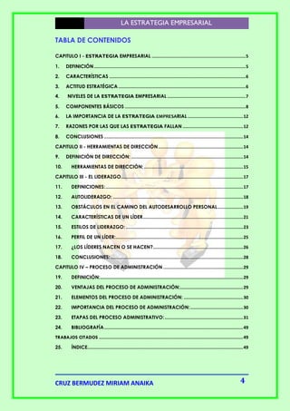 LA ESTRATEGIA EMPRESARIAL
TABLA DE CONTENIDOS
CAPITULO I - ESTRATEGIA EMPRESARIAL ......................................................................... 5
1.

DEFINICIÓN ...................................................................................................................... 5

2.

CARACTERÍSTICAS .......................................................................................................... 6

3.

ACTITUD ESTRATÉGICA ................................................................................................... 6

4.

NIVELES DE LA ESTRATEGIA EMPRESARIAL ............................................................. 7

5.

COMPONENTES BÁSICOS .............................................................................................. 8

6.

LA IMPORTANCIA DE LA ESTRATEGIA EMPRESARIAL ........................................... 12

7.

RAZONES POR LAS QUE LAS ESTRATEGIA FALLAN ............................................... 12

8.

CONCLUSIONES ............................................................................................................ 14

CAPITULO II - HERRAMIENTAS DE DIRECCIÓN .................................................................. 14
9.
10.

DEFINICIÓN DE DIRECCIÓN: ....................................................................................... 14
HERRAMIENTAS DE DIRECCIÓN: ............................................................................. 15

CAPITULO III - EL LIDERAZGO............................................................................................... 17
11.

DEFINICIONES: ........................................................................................................... 17

12.

AUTOLIDERAZGO: ..................................................................................................... 18

13.

OBSTÁCULOS EN EL CAMINO DEL AUTODESARROLLO PERSONAL .................... 19

14.

CARACTERÍSTICAS DE UN LÍDER .............................................................................. 21

15.

ESTILOS DE LIDERAZGO: ........................................................................................... 23

16.

PERFIL DE UN LÍDER: ................................................................................................... 25

17.

¿LOS LÍDERES NACEN O SE HACEN? ...................................................................... 26

18.

CONCLUSIONES: ....................................................................................................... 28

CAPITULO IV – PROCESO DE ADMINISTRACIÓN .............................................................. 29
19.

DEFINICIÓN: ............................................................................................................... 29

20.

VENTAJAS DEL PROCESO DE ADMINISTRACIÓN:................................................. 29

21.

ELEMENTOS DEL PROCESO DE ADMINISTRACIÓN: .............................................. 30

22.

IMPORTANCIA DEL PROCESO DE ADMINISTRACIÓN: ......................................... 30

23.

ETAPAS DEL PROCESO ADMINISTRATIVO: ............................................................. 31

24.

BIBLIOGRAFÍA ............................................................................................................ 49

TRABAJOS CITADOS ................................................................................................................ 49
25.

ÍNDICE......................................................................................................................... 49

CRUZ BERMUDEZ MIRIAM ANAIKA

4

 