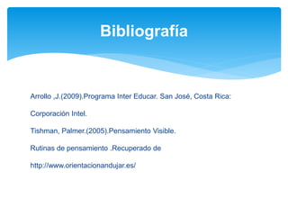 Arrollo ,J.(2009).Programa Inter Educar. San José, Costa Rica:
Corporación Intel.
Tishman, Palmer.(2005).Pensamiento Visible.
Rutinas de pensamiento .Recuperado de
http://www.orientacionandujar.es/
Bibliografía
 
