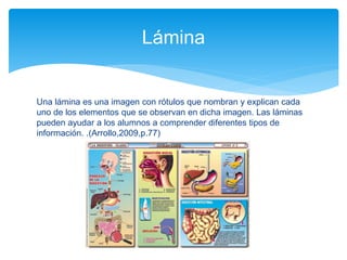 Una lámina es una imagen con rótulos que nombran y explican cada
uno de los elementos que se observan en dicha imagen. Las láminas
pueden ayudar a los alumnos a comprender diferentes tipos de
información. .(Arrollo,2009,p.77)
Lámina
 
