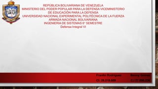 REPÚBLICA BOLIVARIANA DE VENEZUELA
MINISTERIO DEL PODER POPULAR PARA LA DEFENSA VICEMINISTERIO
DE EDUCACIÓN PARA LA DEFENSA
UNIVERSIDAD NACIONAL EXPERIMENTAL POLITÉCNICA DE LA FUERZA
ARMADA NACIONAL BOLIVARIANA
INGENIERIA DE SISTEMAS 6° SEMESTRE
Defensa Integral VI
Franlin Rodríguez Benny Gómez
CI: 26.218.609 C.I 27.096.236
 