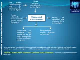 Investigadores
Cibernéticos
Definicióndepolíticadepreciosdeterminadaporunaformula
Método del
Coste Directo
Ventas
adicionales a
precio reducido
que no afectan
la ganancia
Costes
directos
asociados a la
revista digital
Exceso de
capacidad para
el diseño de la
revista digital
Inconveniente:
posible deteriore
del mercado
Incapacidad de
recuperar una
proporción de los
costes totales de las
revistas vendidas a
bajo precio.
Total coste variable o incremental = materias primas para la elaboración de la revista + mano de obra directa + gastos
variables para su elaboración + gastos variables o comerciales de la revista + gastos variables administrativos
Total de Costes Precio Directos o Precio de Venta Propuesto = Total coste variable o incremental +
gastos fijos
Este precio
cubre los costes
para la
elaboración de
la revista digital
 