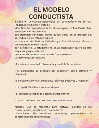 EL MODELO
CONDUCTISTA
Basada en la escuela psicológica del conductismo de Burrhus
Frodeloederic Skinner, trata de
identificar las capacidades de los alumnos para, en función de ellas,
establecer ciertos objetivos
que permitan ver hasta dónde puede llegar en el proceso del
aprendizaje. Este enfoque explota
la repetición de ciertas actividades, y utiliza estímulos y refuerzos
secuenciados administrados
por el maestro. El estudiante no es un espectador pasivo en este
esquema, ya que se busca
que aprenda haciendo las cosas de forma reiterada.
Características principales:
• Estudia únicamente lo observable y medible: la conducta.
• El aprendizaje se produce por asociación entre estímulo y
respuesta.
• Se moldea la conducta mediante refuerzos positivos y negativos.
• La repetición afianza los aprendizajes.
• El estudiante responde a estímulos del entorno.
• No se consideran los procesos mentales internos.
Aportes: Uso de refuerzos para motivar, claridad en las
consecuencias, modificación de conductas.
Limitaciones: No considera emociones, pensamiento ni
construcción de conocimientos.
 