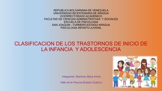 REPUBLICA BOLIVARIANA DE VENEZUELA
UNIVERSIDAD BICENTENARIA DE ARAGUA
VICERRECTORADO ACADEMICO
FACULTAD DE CIENCIAS ADMINISTRATIVAS Y SOCIALES
ESCUELA DE PSICOLOGIA
SAN JOAQUIN –TURMERO-ESTADO ARAGUA
PSICOLOGIA INFANTO-JUVENIL
CLASIFICACION DE LOS TRASTORNOS DE INICIO DE
LA INFANCIA Y ADOLESCENCIA
Integrante: Martínez Mora Imma
Valle de la Pascua-Estado Guárico
 