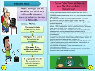 5 6
¿Qué se Debe Tomar en Cuenta
para Planificar un Guion
Radiofónico?La radio es magia por ello
mantiene una estrecha e
íntima relación con el
oyente mucho más que en
la Televisión.
Noticiero Radial
El lenguaje Hablado
Es la voz un locutor o
actor.
Tipos de Mensaje
El Lenguaje de la Música
Lenguaje de las
sensaciones.
El Lenguaje de los
Sonidos Y de los Ruidos
Efectos sonoros.
El Lenguaje del Silencio
De connotaciones
múltiples; suspenso,
expectativas.
•Utilizar un lenguaje coloquial, cotidiano, el texto debe sonar natural y
espontáneo.
•Se debe escribir escuchándose, leer en voz alta o bien primero decir la frase y
luego escribirla.
•Si nuestras frases resultan rebuscadas, repitámoslas hasta que suenen
naturales, si son muy largas se puede dividir en frases más cortas.
•Reproduzcamos el habla popular y cotidiano sin caer en lo vulgar ni en los
equívocos del lenguaje.
•Escribir las páginas de un solo lado, de esta forma evitaremos ruidos.
•Escribir a doble o triple espacio, para que de esta forma los que intervienen
tengan la oportunidad de realizar anotaciones en el texto.
•Recordar que las indicaciones al operador van en mayúsculas y subrayadas,
procurando ser lo más claro posible siguiendo las convenciones de
continuidad, anotar el nombre o número de disco y el número de track o corte
correspondiente.
•Las indicaciones de intención dramática para los personajes se escriben entre
paréntesis y con mayúsculas, asimismo se deben indicar cambios de ritmo en
la locución, por ejemplo: pausa, agitado, entusiasta, etc.
•Realizar guiones con una limpieza mecanográfica impecable. Repartir copias
a todos los que intervienen en la grabación o emisión, procurando que la
impresión de las copias sea buena.
•Los nombre de los personajes o actores son con mayúsculas y sus
intervenciones con minúsculas.
•Indicar previamente a todo el equipo de producción todas las indicaciones
adicionales y aclaraciones que sean pertinentes.
 