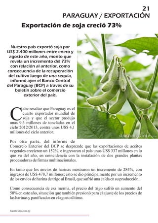 PARAGUAY / EXPORTACIÓN
21
Exportación de soja creció 73%
Nuestro país exportó soja por
US$ 2.400 millones entre enero y
agosto de este año, monto que
revela un incremento del 73%
con relación al anterior, como
consecuencia de la recuperación
del cultivo luego de una sequía,
informó ayer el Banco Central
del Paraguay (BCP) a través de su
boletín sobre el comercio
exterior del país.
abe resaltar que Paraguay es el
cuarto exportador mundial de
soja y que el sector produjoCunas 9,3 millones de toneladas en el
ciclo 2012/2013, contra unos US$ 4,1
millonesdelcicloanterior.
Por otra parte, del informe de
Comercio Exterior del BCP se desprende que las exportaciones de aceites
vegetales crecieron un 152%, e ingresaron al país unos US$ 337 millones en lo
que va del año, en coincidencia con la instalación de dos grandes plantas
procesadorasdefirmasmultinacionales.
En tanto que los envíos de harinas mostraron un incremento de 284%, con
ingresos de US$ 478,7 millones; esto se dio principalmente por un incremento
delosenvíosdeharinadetrigoalBrasil,quesufrióunacaídaensu producción.
Como consecuencia de esa merma, el precio del trigo sufrió un aumento del
50% en este año, situación que también presionó para el ajuste de los precios de
lasharinasypanificadosenelagostoúltimo.
Fuente:abc.com.py
 