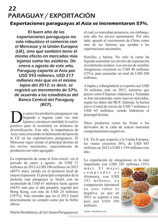 22
PARAGUAY / EXPORTACIÓN
Exportaciones paraguayas al Asia se incrementaron 57%.
El buen año de las
exportaciones paraguayas no
solo robustece el comercio con
el Mercosur y la Unión Europea
(UE), sino que también tiene el
mismo efecto en mercados más
lejanos como los asiáticos. De
enero a agosto de este año,
Paraguay exportó al Asia por
USD 593 millones, USD 217
millones más que en el mismo
lapso del 2012; es decir, se
registró un incremento de 57%,
de acuerdo a las estadísticas del
Banco Central del Paraguay
(BCP).
e a poco los productos paraguayos van
llegando a lugares cada vez más
Dlejanos y en mayor cantidad, lo cual es
positivo para la economía en términos de
diversificación. Este año, la importancia de
Asia viene creciendo en detrimento del peso de
la UE en las exportaciones paraguayas. El
Mercosur sigue siendo el principal destino de
los envíos nacionales, especialmente de
productosconvaloragregado.
La exportación de carne al Asia creció –en el
periodo de enero a agosto– de USD 21
millones en 2012 a USD 108 millones en 2013
(407% más), siendo así el producto local de
mayor expansión. El principal comprador de la
proteína roja paraguaya es Israel, con un
acumulado de USD 61 millones hasta agosto
(643% más que el año pasado), seguido por
Hong Kong, con más de USD 24 millones
(297%). Vale recordar que en el 2012 Israel
prácticamente no compró carne por la fiebre
aftosa.
MartínBordaberry,delaCámaraParaguayaen
el cual ya marcaban presencia, sin embargo,
este año los envíos aumentaron. Por otro
lado, apuntó al crecimiento de China como
otro de los factores que ayudan a las
exportacionesnacionales.
Semillas y harina. No solo la carne ha
logrado aumentar sus niveles de exportación
al continente asiático. Los envíos de semillas
oleaginosas crecieron en USD 48 millones
(25%), para acumular un total de USD 208
millones.
AJapón y a Bangladesh se exportó casi USD
20 millones más en 2013, mientras que
países como Filipinas, Indonesia y Tailandia
se han incorporado como nuevos mercados,
según los datos del BCP. Además, la harina
elevó el total de envíos de USD 7 millones a
USD 65 millones, siendo Indonesia el
principaldestino.
Otros productos como las frutas o los
derivados de la caña de azúcar muestran
comportamientosnegativos.
UE. En lo que respecta a la Unión Europea,
las ventas crecieron 36%, de USD 847
millones en 2012 a USD 1.159 millones este
año.
La exportación de oleaginosas es la más
importante con USD 245 millones (35%
m á s ) . E l m a y o r
c o m p r a d o r e s
Alemania, con USD
291 millones. La
comparación interanual
en este rubro es
negativa, ya que en
2012 se exportó a este
país por USD 390
millones.
Fuente:ultimahora.com
 