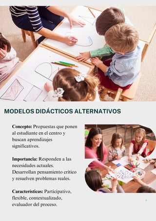 Concepto: Propuestas que ponen
al estudiante en el centro y
buscan aprendizajes
significativos.
Importancia: Responden a las
necesidades actuales.
Desarrollan pensamiento crítico
y resuelven problemas reales.
Características: Participativo,
flexible, contextualizado,
evaluador del proceso.
MODELOS DIDÁCTICOS ALTERNATIVOS
6
 