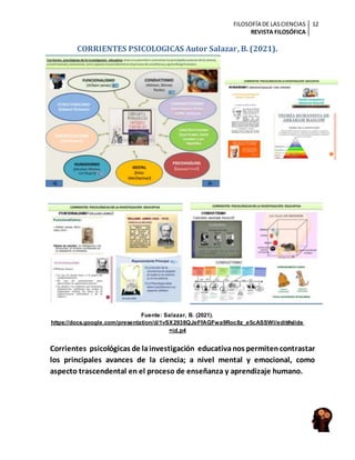 FILOSOFÍA DE LASCIENCIAS
REVISTA FILOSÓFICA
12
CORRIENTES PSICOLOGICAS Autor Salazar, B. (2021).
Fuente: Salazar, B. (2021).
https://docs.google.com/presentation/d/1vSX2938QJeFfAGFwa9Roc8z_e5cASSWl/edit#slide
=id.p4
Corrientes psicológicas de lainvestigación educativanos permitencontrastar
los principales avances de la ciencia; a nivel mental y emocional, como
aspecto trascendental en el proceso de enseñanza y aprendizaje humano.
 