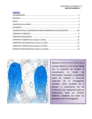 FILOSOFÍA DE LASCIENCIAS
REVISTA FILOSÓFICA
3
INDICE.
COLABORADORES...................................................................................................................... 2
EDITORIAL................................................................................................................................. 2
INDICE...................................................................................................................................... 3
CONCEPTOS DE FILOSOFÍA......................................................................................................... 4
INFOGRAFÍA.............................................................................................................................. 5
CUADROS SINTESIS Y COMPARATIVOS SOBRE PARADIGMAS DE LA INVESTIGACIÓN................... 6-8
CORRIENTES FILOSOFÍCAS.......................................................................................................... 9
CORRIENTES PSICOLOGICAS......................................................................................................10
CORRIENTES FILOSOFÍCA Autor Salazar, B. (2021).......................................................................11
CORRIENTES PSICOLOGICASAutor Salazar, B. (2021). .................................................................12
CORRIENTES FILOSOFÍCA Autor Requena, M. (2021)...................................................................13
CORRIENTES PSICOLOGICA Autor Requena, M. (2021). ...............................................................14
Revista FILOSOFIA DE LAS CIENCIAS en su
primera edición es una revista digital
con el propósito de facilitar el
conocimiento a través de
información renovada y actualizada
sobre los cambios y evolución
acelerada de la investigación
científica, como resultado de la
opinión y comentarios de los
profesores que colaboraron para su
publicación, tiene un carácter
didáctico ampliado así como las
perspectiva de la investigación.
 