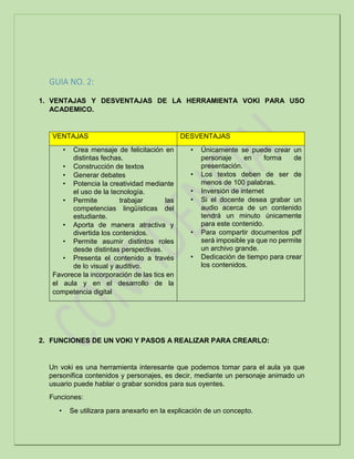 GUIA NO. 2:
1. VENTAJAS Y DESVENTAJAS DE LA HERRAMIENTA VOKI PARA USO
ACADEMICO.
VENTAJAS DESVENTAJAS
• Crea mensaje de felicitación en
distintas fechas.
• Construcción de textos
• Generar debates
• Potencia la creatividad mediante
el uso de la tecnología.
• Permite trabajar las
competencias lingüísticas del
estudiante.
• Aporta de manera atractiva y
divertida los contenidos.
• Permite asumir distintos roles
desde distintas perspectivas.
• Presenta el contenido a través
de lo visual y auditivo.
Favorece la incorporación de las tics en
el aula y en el desarrollo de la
competencia digital
• Únicamente se puede crear un
personaje en forma de
presentación.
• Los textos deben de ser de
menos de 100 palabras.
• Inversión de internet
• Si el docente desea grabar un
audio acerca de un contenido
tendrá un minuto únicamente
para este contenido.
• Para compartir documentos pdf
será imposible ya que no permite
un archivo grande.
• Dedicación de tiempo para crear
los contenidos.
2. FUNCIONES DE UN VOKI Y PASOS A REALIZAR PARA CREARLO:
Un voki es una herramienta interesante que podemos tomar para el aula ya que
personifica contenidos y personajes, es decir, mediante un personaje animado un
usuario puede hablar o grabar sonidos para sus oyentes.
Funciones:
• Se utilizara para anexarlo en la explicación de un concepto.
 