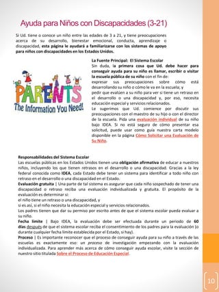 Ayuda para Niños con Discapacidades (3-21)
10
Si Ud. tiene o conoce un niño entre las edades de 3 a 21, y tiene preocupaciones
acerca de su desarrollo, bienestar emocional, conducta, aprendizaje o
discapacidad, esta página le ayudará a familiarizarse con los sistemas de apoyo
para niños con discapacidades en los Estados Unidos.
La Fuente Principal: El Sistema Escolar
Sin duda, la primera cosa que Ud. debe hacer para
conseguir ayuda para su niño es llamar, escribir o visitar
la escuela pública de su niño con el fin de:
expresar sus preocupaciones sobre cómo está
desarrollando su niño o cómo le va en la escuela; y
pedir que evalúen a su niño para ver si tiene un retraso en
el desarrollo o una discapacidad y, por eso, necesita
educación especial y servicios relacionados.
Le sugerimos que Ud. comience por discutir sus
preocupaciones con el maestro de su hijo o con el director
de la escuela. Pida una evaluación individual de su niño
bajo IDEA. Si no está seguro de cómo presentar esa
solicitud, puede usar como guía nuestra carta modelo
disponible en la página Cómo Solicitar una Evaluación de
Su Niño.
Responsabilidades del Sistema Escolar
Las escuelas públicas en los Estados Unidos tienen una obligación afirmativa de educar a nuestros
niños, incluyendo los que tienen retrasos en el desarrollo o una discapacidad. Gracias a la ley
federal conocida como IDEA, cada Estado debe tener un sistema para identificar a todo niño con
retraso en el desarrollo o una discapacidad en el Estado.
Evaluación gratuita | Una parte de tal sistema es asegurar que cada niño sospechado de tener una
discapacidad o retraso reciba una evaluación individualizada y gratuita. El propósito de la
evaluación es determinar si:
el niño tiene un retraso o una discapacidad, y
si es así, si el niño necesita la educación especial y servicios relacionados.
Los padres tienen que dar su permiso por escrito antes de que el sistema escolar pueda evaluar a
su niño.
Fecha límite | Bajo IDEA, la evaluación debe ser efectuada durante un periodo de 60
días después de que el sistema escolar reciba el consentimiento de los padres para la evaluación (o
durante cualquier fecha límite establecida por el Estado, si hay).
Proceso | Es importante reconocer que el proceso de conseguir ayuda para su niño a través de las
escuelas es exactamente eso: un proceso de investigación empezando con la evaluación
individualizada. Para aprender más acerca de cómo conseguir ayuda escolar, visite la sección de
nuestro sitio titulada Sobre el Proceso de Educación Especial.
 