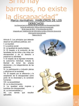 “Si no hay
barreras, no existe
la discapacidad”
14
Marco normativo: ¡HABLEMOS DE LOS
DERECHOS!
Artículo 5. Los principios que deberán
observar las políticas públicas, son:
I. La equidad;
II. La justicia social;
III. La igualdad de oportunidades;
IV. El respeto a la evolución de las
facultades de los niños y las niñas con
discapacidad y de su derecho a
preservar su identidad;
V. El respeto de la dignidad inherente,
la autonomía individual, incluida la
libertad de tomar las propias
decisiones y la independencia de las
personas;
VI. La participación e inclusión plenas
y efectivas en la sociedad;
VII. El respeto por la diferencia y la
aceptación de la discapacidad como
parte de la diversidad y la condición
humanas;
VIII. La accesibilidad;
IX. La no discriminación;
X. La igualdad entre mujeres y
hombres con discapacidad;
XI. La transversalidad, y
XII. Los demás que resulten
aplicables.
Ley General para la Inclusión de las Personas con Discapacidad CNDH
Fecha de publicación: Última reforma incorporada:
30 de mayo de 2011 , 17 de diciembre de 2015
Integrado por: Subdirección de Informática Jurídica, Dirección General de
Información Automatizada
Página 6 de 31
 