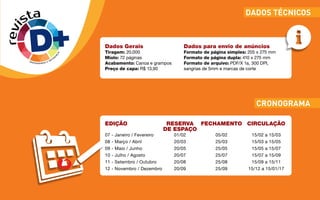 revista
DIVERSIDADE E DIFER
E
N
Ç
A
Dados Gerais
Tiragem: 20.000
Miolo: 72 páginas
Acabamento: Canoa e grampos
Preço de capa: R$ 13,90
Dados para envio de anúncios
Formato de página simples: 205 x 275 mm
Formato de página dupla: 410 x 275 mm
Formato de arquivo: PDF/X 1a, 300 DPI,
sangrias de 5mm e marcas de corte
EDIÇÃO	 RESERVA 	 FECHAMENTO	 CIRCULAÇÃO
		 DE ESPAÇO	
07 - Janeiro / Fevereiro	 01/02	 05/02	 15/02 a 15/03
08 - Março / Abril	 20/03	 25/03	 15/03 a 15/05
09 - Maio / Junho	 20/05	 25/05	 15/05 a 15/07
10 - Julho / Agosto	 20/07	 25/07	 15/07 a 15/09
11 - Setembro / Outubro	 20/08	 25/08	 15/09 a 15/11
12 - Novembro / Dezembro	 20/09	 25/09	 15/12 a 15/01/17
DADOS TÉCNICOS
CRONOGRAMA
 