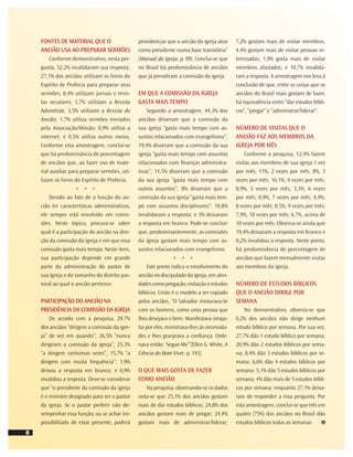 8
FONTES DE MATERIAL QUE O
ANCIÃO USA AO PREPARAR SERMÕES
Conforme demonstrativo, nesta per-
gunta, 52,2% invalidaram sua resposta;
27,1% dos anciãos utilizam os livros do
Espírito de Profecia para preparar seus
sermões; 8,4% utilizam jornais e revis-
tas seculares; 3,7% utilizam a Revista
Adventista; 3,5% utilizam a Revista do
Ancião; 1,7% utiliza sermões enviados
pela Associação/Missão; 0,9% utiliza a
internet; e 0,5% utiliza outros meios.
Conforme esta amostragem, conclui-se
que há predominância de porcentagem
de anciãos que, ao fazer uso de mate-
rial auxiliar para preparar sermões, uti-
lizam os livros do Espírito de Profecia.
* * *
Devido ao fato de a função do an-
cião ter características administrativas,
ele sempre está envolvido em comis-
sões. Neste tópico, procura-se saber
qual é a participação do ancião na dire-
ção da comissão da igreja e em que essa
comissão gasta mais tempo. Neste item,
sua participação depende em grande
parte da administração do pastor de
sua igreja e do tamanho do distrito pas-
toral ao qual o ancião pertence.
PARTICIPAÇÃO DO ANCIÃO NA
PRESIDÊNCIA DA COMISSÃO DA IGREJA
De acordo com a pesquisa, 29,7%
dos anciãos “dirigem a comissão da igre-
ja” de vez em quando”; 26,5% “nunca
dirigiram a comissão da igreja”; 25,3%
“a dirigem raríssimas vezes”; 15,7% “a
dirigem com muita frequência”; 1,9%
deixou a resposta em branco; e 0,9%
invalidou a resposta. Deve-se considerar
que “o presidente da comissão da igreja
é o ministro designado para ser o pastor
da igreja. Se o pastor preferir não de-
sempenhar essa função, ou se achar im-
possibilitado de estar presente, poderá
providenciar que o ancião da igreja atue
como presidente numa base transitória”
(Manual da Igreja, p. 89). Conclui-se que
no Brasil há predominância de anciãos
que já presidiram a comissão da igreja.
EM QUE A COMISSÃO DA IGREJA
GASTA MAIS TEMPO
Segundo a amostragem, 44,3% dos
anciãos disseram que a comissão da
sua igreja “gasta mais tempo com as-
suntos relacionados com evangelismo”;
19,4% disseram que a comissão da sua
igreja “gasta mais tempo com assuntos
relacionados com ﬁnanças administra-
tivas”; 14,5% disseram que a comissão
da sua igreja “gasta mais tempo com
outros assuntos”; 8% disseram que a
comissão da sua igreja “gasta mais tem-
po com assuntos disciplinares”; 10,8%
invalidaram a resposta; e 3% deixaram
a resposta em branco. Pode-se concluir
que, predominantemente, as comissões
da igreja gastam mais tempo com as-
suntos relacionados com evangelismo.
* * *
Este ponto indica o envolvimento do
ancião no discipulado da igreja, em ativi-
dadescomopregação,visitaçãoeestudos
bíblicos. Cristo é o modelo a ser copiado
pelos anciãos. “O Salvador misturava-Se
com os homens, como uma pessoa que
lhes desejava o bem. Manifestava simpa-
tia por eles, ministrava-lhes às necessida-
des e lhes granjeava a conﬁança. Orde-
nava então: ‘Segue-Me’”(Ellen G. White, A
Ciência do Bom Viver, p. 143).
O QUE MAIS GOSTA DE FAZER
COMO ANCIÃO
Na pesquisa, observando-se os dados
nota-se que 25,1% dos anciãos gostam
mais de dar estudos bíblicos; 24,8% dos
anciãos gostam mais de pregar; 24,4%
gostam mais de administrar/liderar;
7,2% gostam mais de visitar membros;
4,4% gostam mais de visitar pessoas in-
teressadas; 1,9% gosta mais de visitar
membros afastados; e 10,7% invalida-
ram a resposta. A amostragem nos leva à
conclusão de que, entre as coisas que os
anciãos do Brasil mais gostam de fazer,
há equivalência entre “dar estudos bíbli-
cos”, “pregar” e “administrar/liderar”.
NÚMERO DE VISITAS QUE O
ANCIÃO FAZ AOS MEMBROS DA
IGREJA POR MÊS
Conforme a pesquisa, 12,4% fazem
visitas aos membros de sua igreja 1 vez
por mês; 11%, 2 vezes por mês; 8%, 3
vezes por mês; 16,1%, 4 vezes por mês;
8,9%, 5 vezes por mês; 3,3%, 6 vezes
por mês; 0,9%, 7 vezes por mês; 4,9%,
8 vezes por mês; 0,5%, 9 vezes por mês;
7,9%, 10 vezes por mês; 6,7%, acima de
10 vezes por mês. Observa-se ainda que
19,4% deixaram a resposta em branco e
0,2% invalidou a resposta. Neste ponto,
há predominância de porcentagem de
anciãos que fazem mensalmente visitas
aos membros da igreja.
NÚMERO DE ESTUDOS BÍBLICOS
QUE O ANCIÃO DIRIGE POR
SEMANA
No demonstrativo, observa-se que
0,2% dos anciãos não dirige nenhum
estudo bíblico por semana. Por sua vez,
27,7% dão 1 estudo bíblico por semana;
20,9% dão 2 estudos bíblicos por sema-
na; 8,4% dão 3 estudos bíblicos por se-
mana; 6,6% dão 4 estudos bíblicos por
semana; 5,1% dão 5 estudos bíblicos por
semana; 4% dão mais de 5 estudos bíbli-
cos por semana; enquanto 27,1% deixa-
ram de responder a essa pergunta. Por
esta amostragem, conclui-se que três em
quatro (75%) dos anciãos no Brasil dão
estudos bíblicos todas as semanas.
 