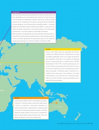 R. do IRB, Rio de Janeiro, a. 65, n. 299, p. 32-41, abril 2005 41
O sistema de previdência social é constituído por três pilares.
O primeiro é o benefício público universal por idade, (sujeito
a limites de rendimento e patrimônio), financiado com
receitas orçamentárias. O segundo pilar é o sistema privado
e o terceiro é formado pela poupança voluntária. O benefício
público por idade é retirado, uma vez que os rendimentos e
ativos de aposentadoria proporcionados pelos outros dois
pilares ultrapassam certos limites estabelecidos.
AUSTRÁLIA
Possui o mais antigo sistema de seguridade social formal,
introduzido em 1889 por Bismarck. Originalmente um seguro
de invalidez capitalizado, tornou-se um seguro de aposenta-
doria obrigatório convertido em um esquema de repartição
durante a grande depressão e a Segunda Guerra Mundial.
Nas décadas de 1960 e 1970, o sistema alemão evoluiu como
um dos sistemas mais generosos do mundo, tanto em termos
de sua taxa de reposição, quanto em provisões para aposen-
tadoria antecipada. A Alemanha agora se defronta com o
envelhecimento populacional mais dramático dos países
industrializados, o que coloca em risco o sistema de seguri-
dade social. O pilar privado do sistema de previdência social
alemão tem pouca expressão.
ALEMANHA
Cerca de 50% da renda dos aposentados britâncos provêm de outras fontes que
não a seguridade social, e esta proporção está crescendo. Por mais de 30 anos,
cerca de metade dos trabalhadores estiveram cobertos por fundos de pensão
ocupacionais. Em meados dos anos noventa, três quartos da força de trabalho
já haviam optado por sair do segundo pilar da previdência pública – o Esquema
Estatal de Pensão Relacionado aos Rendimentos (SERPS) – substituindo-o por
fundos de pensão ocupacionais ou por pensões pessoais. Em função destas
características, o seu sistema público de seguridade está solvente.
Não está prevista uma elevação das taxas de contribuição necessárias para o fi-
nanciamento do sistema, apesar da perspectiva de o número de pessoas aproxi-
mando-se da idade regulamentar de aposentadoria subir dos 10,4 milhões de
meados dos noventa para 11,5 milhões em 2020 e 14 milhões em 2050.
GRÃ-BRETANHA
 