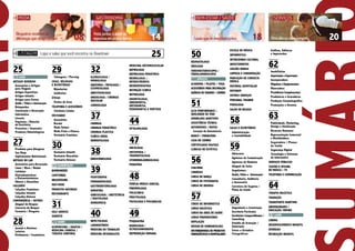 25
LOJAS
Artigos Diversos
Acessórios e Artigos
para Viagens
Artigos Esportivos
Artigos Infantis
Artigos para Festas
Áudio / Vídeo e Automação
Brinquedos
Construção e Decoração
Informática
Livraria
Papelaria / Material
de Escritório
Presentes / Souvenirs
Produtos Odontológicos
27
Produtos para Alérgicos
Sex Shop
Suplementos Nutricionais
Artigos do Lar
Acessórios para Decoração
Cama / Mesa / Banho
Colchões
Eletrodomésticos
e Eletroeletrônicos
Móveis e Utensílios
Calçados
Calçados Femininos
Calçados Infantis
Calçados Unissex
Conveniência / outros
Aluguel de Roupas
Conserto de Roupas
Farmácia / Drogaria
28Jornais e Revistas
Lotérica
Perfumaria / Cosméticos
29
Tatuagens / Piercing
Joias, Relógios
e Bijouterias
Bijouterias
Joalherias
Óticas
Óculos de Grau
Telefonia e Acessórios
Telefonia Celular
Vestuário
Acessórios
Brechó
Moda Íntima
Moda Praia e Fitness
Vestuário Feminino
30
Vestuário Infantil
Vestuário Masculino
Vestuário Unissex
Alimentação
Bombonière
Cafeterias
delicatessen
Fast-Food
produtos naturais
Restaurante
31
Self-Service
Sorvete
Saúde
Acupuntura / Shiatsu /
Medicina Chinesa /
Terapia Corporal
32
Alergologia /
Imunologia
Anatomia / Patologia /
Citopatologia
Anestesiologia
Angiologia / Cirurgia
Vascular
Cardiologia
37
Cirurgia
Cirurgia pediátrica
Cirurgia Plástica
Clínica Geral
Dermatologia
38
Endocrinologia
39
Fisioterapia
Fonoaudiologia
Gastroenterologia
Geriatria
Ginecologia / Obstetrícia
/ Mastologia
Homeopatia
40
Infectologia
Laboratórios
Medicina do Trabalho
Medicina integralista
Medicina Ortomolecular
Nefrologia
Nefrologia Pediátrica
Neurologia /
Neurocirurgia
Neuropediatria
Nutrição Clínica
Nutrologia
Odontologia,
Endodontia,
Ortodontia,
Periodontia e Prótese
44
Oftalmologia
47
Oncologia
Ortopedia /
Traumatologia
Otorrinolaringologia
Pediatria
48
Perícia Médica Judicial
Pneumologia
Policlínica
Proctologia
Psicologia e Psicanálise
49
Psiquiatria
Radiologia /
Ultrassonografia
Reprodução Humana
50
Reumatologia
Urologia
Videohisteroscopia /
Vídeolaparoscopia
Serviços
Academia / Pilates / Yoga
Acessórios para decoração
Agência de Viagens / Câmbio
51
Alta performance /
qualidade de vida
Aparelhos Auditivos
Assistência Técnica
Automóveis / Motos
Locação de Automóveis
Banco / Financeira
Casa de Câmbio
certificados digitais
Clínicas de Estética
56
Coaching
Correios
Curso de Dança
Curso de Fotografia
Curso de Idiomas
57
Curso de Informática
Curso Holístico
Curso na área de saúde
Curso Preparatório
Depilação
Design de Sobrancelhas
Distribuidoras de Produtos
FarmacêuticoseHospitalares
Escola de Música
Informática
Intercâmbio Cultural
Investimentos
Leilões Rurais
Limpeza e conservação
Marcação de Consulta
Médica
Material Hospitalar
Motoboy
Outros Serviços
Personal Trainer
PODOLOGIA
Salão de Beleza
58
Salas e Escritórios
Administração
e Contabilidade
59
Advocacia
Agências de Comunicação
Agências de Modelos
Aluguel de Salas
Arquitetura
Áudio, Vídeo e Automação
Consultoria, Auditoria
e Assessoria
Corretora de Seguros /
Plano de Saúde
60
Engenharia e Construção
Escritório Particular
Escritórios Compartilhados /
Coworking
Estúdio de Gravação /
Autoração
Fotos e Estúdios
Fotográficos
Gráficas, Editoras
e Impressões
62
Imobiliárias
Importação e Exportação
Incorporadora
Máquinas e Equipamentos
Mineradora
Previdência Complementar
Produtoras e Gravadoras
Produção Cinematográfica
Promoções e Eventos
63
Publicidade, Marketing,
Design e Sinalização
Recursos Humanos
Representação Comercial
e Distribuidora
Seguradora / Planos
de Saúde
Segurança Digital
Tecnologia e Sistemas
de Informática
Serviços Públicos
Teatro e oficina
de música / tv
Telefonia e Comunicação
64
Terapia Holística
Tradução
Transporte marítimo
Universidades /
Educação/ Ensino
Lazer
Cinema
Desenvolvimento Infantil
Diversão
Recreação Infantil
Moda
Listagem
Gastronomia Bem-estar / Saúde Serviços
08 14 18
25
20Casais que se exercitam juntos
Lojas e salas que você encontra no Downtown
Blogueiros mostram as
diferenças que os aproximam Uma aliança para sempre
Festa junina: o amor se
expressa em pratos típicos
 