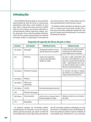114
A Escola Bíblica de Férias pode ser uma excelente
oportunidade de, além de reunir as crianças para
aprenderem sobre Deus, reunir também os seus
pais, mães e responsáveis para conversar e refletir
sobre as suas crianças, seu processo educativo, o
comportamento infantil, segurança, higiene, saú-
de, educação cristã e demais questões referentes
a elas. Por isso, estamos apresentando um material
que pode auxiliar na organização e formação de
uma classe de pais, mães e responsáveis que fun-
cione paralelamente às oficinas das crianças.
Os adultos podem participar da abertura, junto
com as crianças, pois assim terão contato com o
tema que está sendo trabalhado naquele dia, indo
para um espaço, para eles destinado, no momento
da divisão dos grupos.
Introdução
Horário Observação
12h 30min Entrega de crachás e marca-
ção de presença no quadro.
13h Junto com as demais
crianças das diferentes
idades no salão.
13h 30min As crianças vão para o espaço
das oficinas e os adultos para o
espaço destinado para eles.
13h 40min
16h
No local destinado ao lanche.
Atividade Detalhamento
Recepção
Avertura
Divisão em grupos
Palestra
Dinâmica de grupo
Junto com as crianças das di-
ferentes idades no salão.
Adultos sentam-se nos fundos
do salão.
Sugestão de agenda da Classe de pais e mães
A classe de pais e mães recebe
crachás de cor diferente das
cores dadas para as crianças.
Os pais e mães participam da
abertura. Orientados(as) a sen-
tarem-senapartedosfundosdo
salão – separados(as) das crian-
ças que já estarão sob os cuida-
dos dos coordenadores(as).
14h 50min Oficina de
artesanato
15h 30min Lanche
16h 40min Encerramento
17h Despedida
As palestras poderão ser ministradas pelo(a)
Coordenador(a) do Ministério Local de Crianças,
pelo(a) pastor(a) da igreja, por algum irmão(ã) da
comunidade de fé ou por algum(a) profissional da
área de psicologia, pediatria, pedagogia ou outra
de interesse, convidado(a) para essa finalidade. Os
temas das palestras podem surgir da realidade da
comunidade local, atendendo às suas necessida-
 