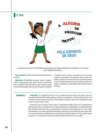 118
Tema do dia: Família movida pelo Espírito Santo
de Deus.
Objetivos: Possibilitar aos pais, mães e respon-
sáveis, experiências que os(as) levem a entender
que o Espírito Santo de Deus é que orienta a ação
ministerial da igreja, dá entusiasmo para o trabalho
e capacita com os dons necessários e que nossas
crianças necessitam de aprender sobre essas ver-
dades, através do exemplo de pais comprometidos
com a missão da igreja e que se deixam ser direcio-
nados, moldados e capacitados pelo Espírito Santo
de Deus.
2º DIA
A programação do 2º dia de EBF foi organizada pela Equipe Regional de Trabalho com Crianças
da 2ª Região Eclesiástica.
Conteúdo: A Importância de ter um compromisso pessoal com Deus para ser
movido(a) pelo Espírito Santo de Deus (“Mas o Conselheiro, o Espírito Santo, que o Pai
enviará em meu nome, ensinará a vocês todas as coisas e fará vocês lembrarem tudo
o que eu disse.”João 14:26).
Conversar com os pais e mães sobre a importância deles terem um compromisso
pessoal com Deus e se deixarem ser direcionados(as), moldados(as) e capacitados(as)
pelo Espírito Santo de Deus, produzindo os frutos de Sua presença em suas vidas,
envolvendo-se na vida ministerial da Igreja a fim de que seus filhos possam aprender
com esse exemplo, e espelharem em suas vidas o que percebem em seus pais e mães
e possam vir a produzir os frutos da ação do Espírito Santo em suas vidas.
Palestra
 