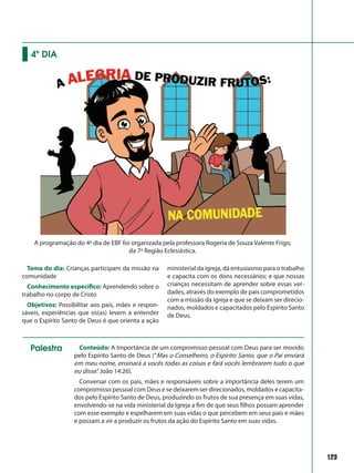 123
Tema do dia: Crianças participam da missão na
comunidade
Conhecimento específico: Aprendendo sobre o
trabalho no corpo de Cristo
Objetivos: Possibilitar aos pais, mães e respon-
sáveis, experiências que os(as) levem a entender
que o Espírito Santo de Deus é que orienta a ação
ministerial da igreja, dá entusiasmo para o trabalho
e capacita com os dons necessários; e que nossas
crianças necessitam de aprender sobre essas ver-
dades, através do exemplo de pais comprometidos
com a missão da igreja e que se deixam ser direcio-
nados, moldados e capacitados pelo Espírito Santo
de Deus.
4º DIA
A programação do 4º dia de EBF foi organizada pela professora Rogeria de Souza Valente Frigo,
da 7ª Região Eclesiástica.
Conteúdo: A Importância de um compromisso pessoal com Deus para ser movido
pelo Espírito Santo de Deus (“Mas o Conselheiro, o Espírito Santo, que o Pai enviará
em meu nome, ensinará a vocês todas as coisas e fará vocês lembrarem tudo o que
eu disse.”João 14:26).
Conversar com os pais, mães e responsáveis sobre a importância deles terem um
compromisso pessoal com Deus e se deixarem ser direcionados, moldados e capacita-
dos pelo Espírito Santo de Deus, produzindo os frutos de sua presença em suas vidas,
envolvendo-se na vida ministerial da Igreja a fim de que seus filhos possam aprender
com esse exemplo e espelharem em suas vidas o que percebem em seus pais e mães
e possam a vir a produzir os frutos da ação do Espírito Santo em suas vidas.
Palestra
 