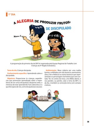 35
Tema do dia: Crianças discípulas
Conhecimento específico: Aprendendo sobre o
discipulado.
Objetivos: Proporcionar às crianças, experiên-
cias que promovam aprendizado sobre a impor-
tância de ser um(a) discípulo(a); despertar nelas, o
interesse de estar aprendendo mais sobre Deus e o
que Ele espera de nós, como discípulos(as) seus(as).
Ambientação: Mesa coberta por uma toalha
bonita e enfeitada com três bonecos aventureiros,
(Zeca, Yan e Rebeca) ou outros bonecos que repre-
sentarão os personagens da história que será con-
tada. Ter, no centro da mesa, uma Bíblia aberta, e
nas paredes, ou painéis, colar o tema da EBF e o
do dia, e também os versículos tema com cartazes
criativos.
1º DIA
A programação do primeiro dia de EBF foi organizada pela Equipe Regional de Trabalho com
Crianças da 4ª Região Eclesiástica.
 