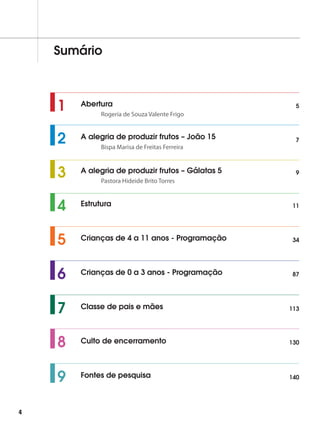 Sumário
Bispa Marisa de Freitas Ferreira
1 Abertura
Rogeria de Souza Valente Frigo
A alegria de produzir frutos – João 15
Estrutura
Crianças de 4 a 11 anos - Programação
Crianças de 0 a 3 anos - Programação
Classe de pais e mães
Culto de encerramento
Fontes de pesquisa
2
4
5
6
7
8
9
5
7
11
34
87
113
130
140
4
A alegria de produzir frutos – Gálatas 5
3 9
Pastora Hideide Brito Torres
 