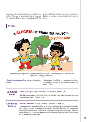 93
Conhecimento específico: Nossas crianças dis-
cípulas.
Objetivos: Possibilitar às crianças, experiências
que as levem a entender que estão aprendendo a
seguir a Cristo.
1º DIA
(desses de aniversário), cuidando para não encher
muito – deixando-os um pouco murchos para que
não estourem. Encha a capa com os balões e feche
o fechoeclair, formando um grande travesseiro de
balões. As crianças poderão engatinhar e rolar por
cima.
História bíblica: O Discípulo Timóteo (2 Timóteo 1. 5; 3.14-15)
Como contar a história: Utilizar-se de recursos visuais. Neste, os óculos utilizados
para contar a história “observando e imitando”, será ideal. Também um boneco que
represente Timóteo, outro Paulo e duas bonecas que representem Eunice e Lóide. Ao
invés de bonecos e bonecas, podem se utilizar de materiais recicláveis, fazendo des-
ses os personagens da história.
Oficina de
História
Do dia: “Quanto a você, continue firme nas verdades que aprendeu e em que creu
de todo o coração.”2 Timóteo 3.14a
Geral: “Assim, pois, pelos seus frutos os conhecereis.” Mateus 7.20Versículos
tema
A programação do primeiro dia de EBF foi organizada pela Equipe Regional de Trabalho com
Crianças da 4ª Região Eclesiástica.
 