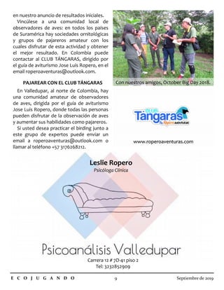 en nuestro anuncio de resultados iniciales.
Vincúlese a una comunidad local de
observadores de aves: en todos los países
de Suramérica hay sociedades ornitológicas
y grupos de pajareros amateur con los
cuales disfrutar de esta actividad y obtener
el mejor resultado. En Colombia puede
contactar al CLUB TÁNGARAS, dirigido por
el guía de aviturismo Jose Luis Ropero, en el
email roperoaventuras@outlook.com.
PAJAREAR CON EL CLUB TÁNGARAS
En Valledupar, al norte de Colombia, hay
una comunidad amateur de observadores
de aves, dirigida por el guía de aviturismo
Jose Luis Ropero, donde todas las personas
pueden disfrutar de la observación de aves
y aumentar sus habilidades como pajareros.
Si usted desea practicar el birding junto a
este grupo de expertos puede enviar un
email a roperoaventuras@outlook.com o
llamar al teléfono +57 3176268212.
E C O J U G A N D O 9 Septiembre de 2019
Con nuestros amigos, October Big Day 2018.Con nuestros amigos, October Big Day 2018.
www.roperoaventuras.comwww.roperoaventuras.com
Carrera 12 # 7D-41 piso 2
Tel: 3232852909
Leslie Ropero
Psicóloga Clínica
 
