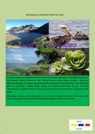 3
NATURALEZA: NUESTRA FUENTE DE VIDA
La naturaleza tiene una infinidad de fenómenos llenos de vida que deberíamos ir conociendo porque como
seres humanos estamos inmersos en ellos. Podemos encontrar desde paisajes increíbles y situaciones
naturales inesperadas en cualquier lugar hasta animales con formas de vida excepcionales. Estos fenómenos
deben ser respetados y cuidados porque aunque no lo parezca forman partes de todo un mundo
interconectado en equilibrio (donde los humanos no lo hemos roto) el cual propiciaría a la larga un planeta
estable.
Hoy traemos a colación un tema relativamente nuevo como es el concepto de Ecorregión. Como se verá más
adelante, este término encierra mucha información sobre regiones naturales en nuestro país.
REGIONES
JULIO 2022
 