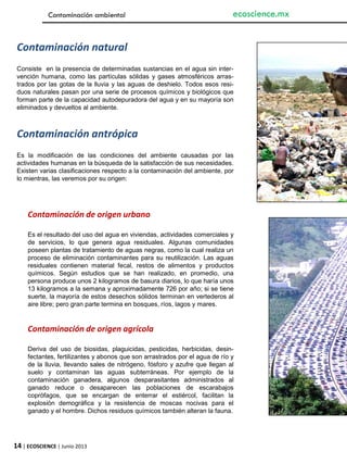 14 | ECOSCIENCE | Junio 2013
Contaminación ambiental ecoscience.mx
Contaminación natural
Consiste en la presencia de determinadas sustancias en el agua sin inter-
vención humana, como las partículas sólidas y gases atmosféricos arras-
trados por las gotas de la lluvia y las aguas de deshielo. Todos esos resi-
duos naturales pasan por una serie de procesos químicos y biológicos que
forman parte de la capacidad autodepuradora del agua y en su mayoría son
eliminados y devueltos al ambiente.
Contaminación antrópica
Es la modificación de las condiciones del ambiente causadas por las
actividades humanas en la búsqueda de la satisfacción de sus necesidades.
Existen varias clasificaciones respecto a la contaminación del ambiente, por
lo mientras, las veremos por su origen:
Contaminación de origen urbano
Es el resultado del uso del agua en viviendas, actividades comerciales y
de servicios, lo que genera agua residuales. Algunas comunidades
poseen plantas de tratamiento de aguas negras, como la cual realiza un
proceso de eliminación contaminantes para su reutilización. Las aguas
residuales contienen material fecal, restos de alimentos y productos
químicos. Según estudios que se han realizado, en promedio, una
persona produce unos 2 kilogramos de basura diarios, lo que haría unos
13 kilogramos a la semana y aproximadamente 726 por año; si se tiene
suerte, la mayoría de estos desechos sólidos terminan en vertederos al
aire libre; pero gran parte termina en bosques, ríos, lagos y mares.
Contaminación de origen agrícola
Deriva del uso de biosidas, plaguicidas, pesticidas, herbicidas, desin-
fectantes, fertilizantes y abonos que son arrastrados por el agua de río y
de la lluvia, llevando sales de nitrógeno, fósforo y azufre que llegan al
suelo y contaminan las aguas subterráneas. Por ejemplo de la
contaminación ganadera, algunos desparasitantes administrados al
ganado reduce o desaparecen las poblaciones de escarabajos
coprófagos, que se encargan de enterrar el estiércol, facilitan la
explosión demográfica y la resistencia de moscas nocivas para el
ganado y el hombre. Dichos residuos químicos también alteran la fauna.
 