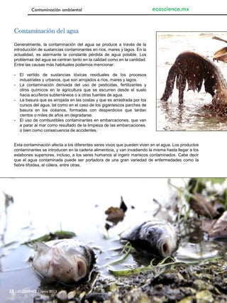 18 | ECOSCIENCE | Junio 2013
Contaminación ambiental ecoscience.mx
Contaminación del agua
Generalmente, la contaminación del agua se produce a través de la
introducción de sustancias contaminantes en ríos, mares y lagos. En la
actualidad, es alarmante la constante pérdida de agua potable. Los
problemas del agua se centran tanto en la calidad como en la cantidad.
Entre las causas más habituales podemos mencionar:
- El vertido de sustancias tóxicas residuales de los procesos
industriales y urbanos, que son arrojados a ríos, mares y lagos.
- La contaminación derivada del uso de pesticidas, fertilizantes y
otros químicos en la agricultura que se escurren desde el suelo
hacia acuíferos subterráneos o a otras fuentes de agua.
- La basura que es arrojada en las costas y que es arrastrada por los
cursos del agua, tal como en el caso de los gigantescos parches de
basura en los océanos, formadas con desperdicios que tardan
cientos o miles de años en degradarse.
- El uso de combustibles contaminantes en embarcaciones, que van
a parar al mar como resultado de la limpieza de las embarcaciones,
o bien como consecuencia de accidentes.
Esta contaminación afecta a los diferentes seres vivos que pueden viven en el agua. Los productos
contaminantes se introducen en la cadena alimenticia, y van invadiendo la misma hasta llegar a los
eslabones superiores, incluso, a los seres humanos al ingerir mariscos contaminados. Cabe decir
que el agua contaminada puede ser portadora de una gran variedad de enfermedades como la
fiebre tifoidea, el cólera, entre otras.
 