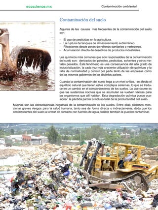 Junio 2013 | ECOSCIENCE | 19
Contaminación ambientalecoscience.mx
Contaminación del suelo
Algunas de las causas más frecuentes de la contaminación del suelo
son:
- El uso de pesticidas en la agricultura.
- La ruptura de tanques de almacenamiento subterráneo.
- Filtraciones desde zonas de rellenos sanitarios o vertederos.
- Acumulación directa de desechos de productos industriales.
Los químicos más comunes que son responsables de la contaminación
del suelo son: derivados del petróleo, pesticidas, solventes y otros me-
tales pesados. Éste fenómeno es una consecuencia del alto grado de
industrialización, la cada vez más creciente utilización de químicos y la
falta de normatividad y control por parte tanto de las empresas como
de los mismos gobiernos de los distintos países.
Cuando la contaminación del suelo llega a un nivel crítico, se afecta el
equilibrio natural que tienen estos complejos sistemas, lo que se tradu-
ce en un cambio en el comportamiento de los suelos. Lo que ocurre es
que las sustancias nocivas que se acumulan se vuelven tóxicas para
los organismos que allí habitan. Esta degradación química puede oca-
sionar la pérdida parcial o incluso total de la productividad del suelo.
Muchas son las consecuencias negativas de la contaminación de los suelos. Entre ellas podemos men-
cionar graves riesgos para la salud humana, tanto sea de forma directa o indirectamente, dado que los
contaminantes del suelo al entrar en contacto con fuentes de agua potable también la pueden contaminar.
 