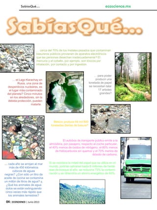 04 | ECOSCIENCE | Junio 2013
SabíasQué…
… cerca del 70% de los metales pesados que contaminan
basureros públicos provienen de aparatos electrónicos
que las personas desechan inadecuadamente? El
mercurio y el cobalto, por ejemplo, son tóxicos por
inhalación, por contacto y por ingestión.
… para poder
producir una
tonelada de papel
se necesitan talar
17 arboles
grandes?
México produce 94 mil 800
toneladas diarias de basura?
… cada año se arrojan al mar
más de 450 kilómetros
cúbicos de aguas
negras? ¿Con sólo un litro de
aceite de cocina se contamina
un millón de litros de agua? y,
¿Qué los animales de agua
dulce se están extinguiendo
cinco veces más rápido que
los animales terrestres?
… el Lago Karachay en
Rusia, una zona de
desperdicios nucleares, es
el lugar más contaminado
del planeta? Cinco minutos
en los alrededores, sin la
debida protección, pueden
matarte.
ecoscience.mx
El autobús de transporte público emite a la
atmósfera, por pasajero, respecto al coche particular,
el 40% menos de óxidos de nitrógeno, el 80% menos
de hidrocarburos sin quemar y el 70% menos de
dióxido de carbono.
Si se reciclara la mitad del papel que se utiliza en el
mundo, podrían salvarse hasta 8 millones de hectá-
reas de bosque al año, se reduciría 73% la contami-
nación y se obtendría un ahorro energético de 60%.
 