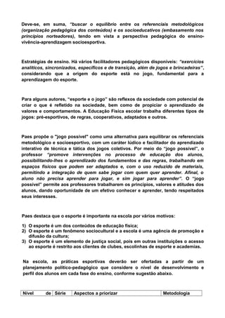 Deve-se, em suma, “buscar o equilíbrio entre os referenciais metodológicos
(organização pedagógica dos conteúdos) e os socioeducativos (embasamento nos
princípios norteadores), tendo em vista a perspectiva pedagógica do ensino-
vivência-aprendizagem socioesportiva.
Estratégias de ensino. Há vários facilitadores pedagógicos disponíveis: “exercícios
analíticos, sincronizados, específicos e de transição, além de jogos e brincadeiras”,
considerando que a origem do esporte está no jogo, fundamental para a
aprendizagem do esporte.
Para alguns autores, “esporte e o jogo” são reflexos da sociedade com potencial de
criar o que é refletido na sociedade, bem como de propiciar o aprendizado de
valores e comportamentos. A Educação Física escolar trabalha diferentes tipos de
jogos: pré-esportivos, de regras, cooperativos, adaptados e outros.
Paes propõe o "jogo possível" como uma alternativa para equilibrar os referenciais
metodológico e socioesportivo, com um caráter lúdico e facilitador do aprendizado
interativo de técnica e tática dos jogos coletivos. Por meio do “jogo possível”, o
professor “promove intervenções no processo de educação dos alunos,
possibilitando-lhes o aprendizado dos fundamentos e das regras, trabalhando em
espaços físicos que podem ser adaptados e, com o uso reduzido de materiais,
permitindo a integração de quem sabe jogar com quem quer aprender. Afinal, o
aluno não precisa aprender para jogar, e sim jogar para aprender”. O “jogo
possível” permite aos professores trabalharem os princípios, valores e atitudes dos
alunos, dando oportunidade de um efetivo conhecer e aprender, tendo respeitados
seus interesses.
Paes destaca que o esporte é importante na escola por vários motivos:
1) O esporte é um dos conteúdos de educação física;
2) O esporte é um fenômeno sociocultural e a escola é uma agência de promoção e
difusão da cultura;
3) O esporte é um elemento de justiça social, pois em outras instituições o acesso
ao esporte é restrito aos clientes de clubes, escolinhas de esporte e academias.
Na escola, as práticas esportivas deverão ser ofertadas a partir de um
planejamento político-pedagógico que considere o nível de desenvolvimento e
perfil dos alunos em cada fase do ensino, conforme sugestão abaixo.
Nível de Série Aspectos a priorizar Metodologia
 