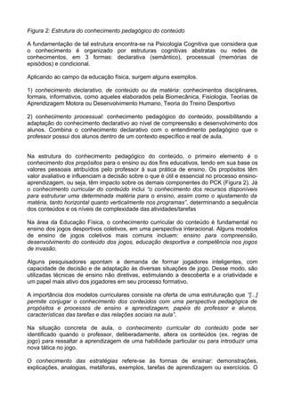 Figura 2: Estrutura do conhecimento pedagógico do conteúdo
A fundamentação de tal estrutura encontra-se na Psicologia Cognitiva que considera que
o conhecimento é organizado por estruturas cognitivas abstratas ou redes de
conhecimentos, em 3 formas: declarativa (semântico), processual (memórias de
episódios) e condicional.
Aplicando ao campo da educação física, surgem alguns exemplos.
1) conhecimento declarativo, de conteúdo ou da matéria: conhecimentos disciplinares,
formais, informativos, como aqueles elaborados pela Biomecânica, Fisiologia, Teorias de
Aprendizagem Motora ou Desenvolvimento Humano, Teoria do Treino Desportivo
2) conhecimento processual: conhecimento pedagógico do conteúdo, possibilitando a
adaptação do conhecimento declarativo ao nível de compreensão e desenvolvimento dos
alunos. Combina o conhecimento declarativo com o entendimento pedagógico que o
professor possui dos alunos dentro de um contexto específico e real de aula.
Na estrutura do conhecimento pedagógico do conteúdo, o primeiro elemento é o
conhecimento dos propósitos para o ensino ou dos fins educativos, tendo em sua base os
valores pessoais atribuídos pelo professor à sua prática de ensino. Os propósitos têm
valor avaliativo e influenciam a decisão sobre o que é útil e essencial no processo ensino-
aprendizagem, ou seja, têm impacto sobre os demais componentes do PCK (Figura 2). Já
o conhecimento curricular do conteúdo inclui “o conhecimento dos recursos disponíveis
para estruturar uma determinada matéria para o ensino, assim como o ajustamento da
matéria, tanto horizontal quanto verticalmente nos programas”, determinando a sequência
dos conteúdos e os níveis de complexidade das atividades/tarefas
Na área da Educação Física, o conhecimento curricular do conteúdo é fundamental no
ensino dos jogos desportivos coletivos, em uma perspectiva interacional. Alguns modelos
de ensino de jogos coletivos mais comuns incluem: ensino para compreensão,
desenvolvimento do conteúdo dos jogos, educação desportiva e competência nos jogos
de invasão.
Alguns pesquisadores apontam a demanda de formar jogadores inteligentes, com
capacidade de decisão e de adaptação às diversas situações de jogo. Desse modo, são
utilizadas técnicas de ensino não diretivas, estimulando a descoberta e a criatividade e
um papel mais ativo dos jogadores em seu processo formativo.
A importância dos modelos curriculares consiste na oferta de uma estruturação que “[...]
permite conjugar o conhecimento dos conteúdos com uma perspectiva pedagógica de
propósitos e processos de ensino e aprendizagem, papéis do professor e alunos,
características das tarefas e das relações sociais na aula”.
Na situação concreta de aula, o conhecimento curricular do conteúdo pode ser
identificado quando o professor, deliberadamente, altera os conteúdos (ex. regras de
jogo) para ressaltar a aprendizagem de uma habilidade particular ou para introduzir uma
nova tática no jogo.
O conhecimento das estratégias refere-se às formas de ensinar: demonstrações,
explicações, analogias, metáforas, exemplos, tarefas de aprendizagem ou exercícios. O
 