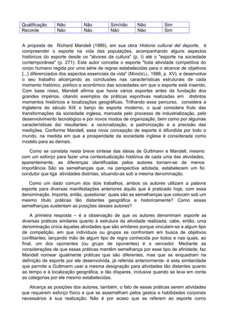 Qualificação Não Não Sim/não Não Sim
Recorde Não Não Não Não Sim
A proposta de Richard Mandell (1986), em sua obra Historia cultural del deporte, é
compreender o esporte na vida das populações, acompanhando alguns aspectos
históricos do esporte desde os "alvores da cultura" (p. I) até o "esporte na sociedade
contemporânea" (p. 271). Este autor concebe o esporte "toda atividade competitiva do
corpo humano regida por uma série de regras estabelecidas para o alcance de objetivos
[...] diferenciados dos aspectos essenciais da vida" (MANDELL, 1986, p. XV), e desenvolve
o seu trabalho alicerçando as conclusões nas características estruturais de cada
momento histórico, político e econômico das sociedades em que o esporte está inserido.
Com base nisso, Mandell afirma que havia vários esportes antes da fundação dos
grandes impérios, citando exemplos de práticas esportivas realizadas em distintos
momentos históricos e localizações geográficas. Trilhando esse percurso, considera a
Inglaterra do século XIX o berço do esporte moderno, o qual considera fruto das
transformações da sociedade inglesa, marcada pelo processo de industrialização, pelo
desenvolvimento tecnológico e por novos modos de organização, bem como por algumas
características daí resultantes: a racionalização, a padronização e a precisão das
medições. Conforme Mandell, essa nova concepção de esporte é difundida por todo o
mundo, na medida em que a prosperidade da sociedade inglesa é considerada como
modelo para as demais.
Como se constata nesta breve síntese das ideias de Guttmann e Mandell, mesmo
com um esforço para fazer uma contextualização histórica de cada uma das atividades,
aparentemente, as diferenças identificadas pelos autores tornam-se de menos
importância São as semelhanças que, na perspectiva adotada, estabelecem um fio
condutor que liga atividades distintas, situando-as sob a mesma denominação.
Como um dado comum dos dois trabalhos, ambos os autores utilizam a palavra
esporte para diversas manifestações anteriores àquilo que é praticado hoje, com essa
denominação. Importa, então, questionar: quais são as semelhanças que colocam sob um
mesmo título práticas tão distantes geográfica e historicamente? Como essas
semelhanças sustentam as posições desses autores?
A primeira resposta – é a observação de que os autores denominam esporte as
diversas práticas similares quanto à estrutura da atividade realizada; cabe, então, uma
denominação única àquelas atividades que são similares porque vinculam-se a algum tipo
de competição, em que indivíduos ou grupos se confrontam em busca de objetivos
conflitantes, lançando mão de algum tipo de regra conhecida por todos e nas quais, ao
final, um dos oponentes (ou grupo de oponentes) é o vencedor. Mediante as
considerações de que essas práticas mantêm semelhança por esse tipo de afinidade, faz
Mandell nomear igualmente práticas que são diferentes, mas que se enquadram na
definição de esporte por ele desenvolvida, já referida anteriormente- é esta similaridade
que permite a Guttmann usar a mesma designação para atividades tão distantes quanto
ao tempo e à localização geográfica, e tão díspares, inclusive quando se leva em conta
as categorias por ele mesmo estabelecidas.
Alicerça as posições dos autores, também, o fato de essas práticas serem atividades
que requerem esforço físico e que se assemelham pelos gestos e habilidades corporais
necessários à sua realização. Não é por acaso que se referem ao esporte como
 