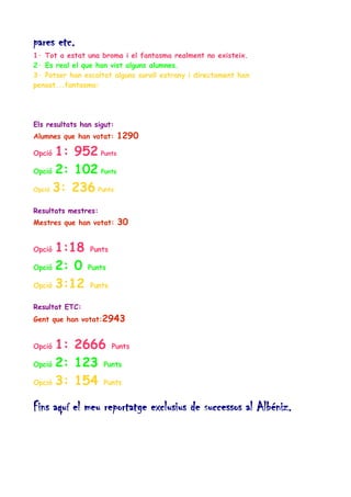 pares etc.
1· Tot a estat una broma i el fantasma realment no existeix.
2· Es real el que han vist alguns alumnes.
3· Potser han escoltat alguns soroll estrany i directament han
pensat...fantasma:

Els resultats han sigut:
Alumnes que han votat:

1290

1: 952 Punts
Opció 2: 102 Punts
Opció 3: 236 Punts
Opció

Resultats mestres:
Mestres que han votat:

30

1:18 Punts
Opció 2: 0 Punts
Opció 3:12 Punts
Opció

Resultat ETC:
Gent que han votat:2943

1: 2666 Punts
Opció 2: 123 Punts
Opció 3: 154 Punts
Opció

Fins aquí el meu reportatge exclusius de successos al Albéniz.

 