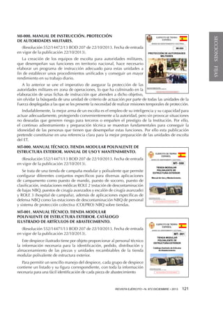 (Resolución 552/14472/13 BOD 207 de 22/10/2013. Fecha de entrada
en vigor de la publicación 22/10/2013).
La creación de los equipos de escolta para autoridades militares,
que desempeñan sus funciones en territorio nacional, hace necesario
elaborar un programa de instrucción adecuado para estas unidades a
fin de establecer unos procedimientos unificados y conseguir un mayor
rendimiento en su trabajo diario.
A lo anterior se une el imperativo de asegurar la protección de las
autoridades militares en zona de operaciones, lo que ha culminado en la
elaboración de unas fichas de instrucción que atienden a dicho objetivo,
sin olvidar la búsqueda de una unidad de criterio de actuación por parte de todas las unidades de la
Fuerza desplegadas a las que se les presente la necesidad de realizar misiones temporales de protección.
Indudablemente, la mejor arma de un escolta es el empleo de su inteligencia y su capacidad para
actuar adecuadamente, protegiendo convenientemente a la autoridad, pero sin provocar situaciones
no deseadas que generen riesgo para terceros o empañen el prestigio de la Institución. Por ello,
el continuo adiestramiento y preparación técnica se muestran fundamentales para conseguir la
idoneidad de las personas que tienen que desempeñar estas funciones. Por ello esta publicación
pretende constituirse en una referencia clara para la mejor preparación de las unidades de escolta
del ET.
MT-000. MANUAL TÉCNICO. TIENDA MODULAR POLIVALENTE DE
ESTRUCTURA EXTERIOR. MANUAL DE USO Y MANTENIMIENTO.
(Resolución 552/14471/13 BOD 207 de 22/10/2013. Fecha de entrada
en vigor de la publicación 22/10/2013).
Se trata de una tienda de campaña modular y polivalente que permite
configurar diferentes conjuntos específicos para diversas aplicaciones
de campamento como puesto de mando, puesto de socorro, puesto de
clasificación, instalaciones médicas ROLE 2 (estación de descontaminación
de bajas NBQ, puestos de cirugía avanzados y escalón de cirugía avanzado)
y ROLE 3 (hospital de campaña), además de aplicaciones específicas de
defensa NBQ como las estaciones de descontaminación NBQ de personal
y sistema de protección colectiva (COLPRO) NBQ sobre tiendas.
MT-001. MANUAL TÉCNICO. TIENDA MODULAR
POLIVALENTE DE ESTRUCTURA EXTERIOR. CATÁLOGO
ILUSTRADO DE ARTÍCULOS DE ABASTECIMIENTO.
(Resolución 552/14471/13 BOD 207 de 22/10/2013. Fecha de entrada
en vigor de la publicación 22/10/2013).
Este despiece ilustrado tiene por objeto proporcionar al personal técnico
la información necesaria para la identificación, pedido, distribución y
almacenamiento de las piezas y unidades recambiables de la tienda
modular polivalente de estructura exterior.
Para permitir un sencillo manejo del despiece, cada grupo de despiece
contiene un listado y su figura correspondiente, con toda la información
necesaria para una fácil identificación de cada pieza de abastecimiento

REVISTA EJÉRCITO • N. 872 DICIEMBRE • 2013 121

SECCIONES FIJAS

MI-000. MANUAL DE INSTRUCCIÓN. PROTECCIÓN
DE AUTORIDADES MILITARES.

 