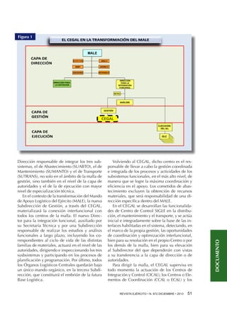 Dirección responsable de integrar los tres subsistemas, el de Abastecimiento (SUABTO), el de
Mantenimiento (SUMANTO) y el de Transporte
(SUTRANS), no solo en el ámbito de la malla de
gestión, sino también en el nivel de la capa de
autoridades y el de la de ejecución con mayor
nivel de especialización técnica.
En el contexto de la transformación del Mando
de Apoyo Logístico del Ejército (MALE), la nueva
Subdirección de Gestión, a través del CEGAL,
materializará la conexión interfuncional con
todos los centros de la malla. El nuevo Director para la integración funcional, auxiliado por
su Secretaría Técnica y por una Subdirección
responsable de realizar los estudios y análisis
funcionales a largo plazo, incluyendo los correspondientes al ciclo de vida de las distintas
familias de materiales, actuará en el nivel de las
autoridades, dirigiendo e inspeccionando los tres
susbsistemas y participando en los procesos de
planificación y programación. Por último, todos
los Órganos Logísticos Centrales quedarán bajo
un único mando orgánico, en la tercera Subdirección, que constituirá el embrión de la futura
Base Logística.

Volviendo al CEGAL, dicho centro es el responsable de llevar a cabo la gestión coordinada
e integrada de los procesos y actividades de los
subsistemas funcionales, en el más alto nivel, de
manera que se logre la máxima coordinación y
eficiencia en el apoyo. Los cometidos de abastecimiento excluyen la obtención de recursos
materiales, que será responsabilidad de una dirección específica dentro del MALE.
En el CEGAL se desarrollan las funcionalidades de Centro de Control SIGLE en la distribución, el mantenimiento y el transporte, y se actúa
inicial e integradamente sobre la base de las interfaces habilitadas en el sistema, detectando, en
el marco de la propia gestión, las oportunidades
de coordinación y optimización interfuncional,
bien para su resolución en el propio Centro o por
los demás de la malla, bien para su elevación
al Subdirector del que dependerán con vistas
a su transferencia a la capa de dirección o de
autoridades.
Para dirigir la malla, el CEGAL supervisa en
todo momento la actuación de los Centros de
Integración y Control (CICAL), los Centros o Elementos de Coordinación (CCAL o ECAL) y los
REVISTA EJÉRCITO • N. 872 DICIEMBRE • 2013 

51 

DOCUMENTO

Figura 1

 