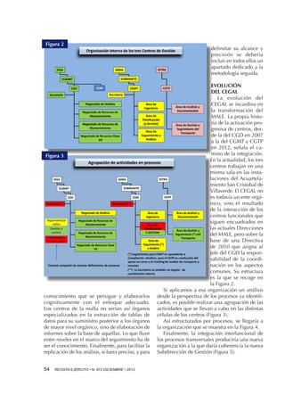 Figura 2

Figura 3

conocimiento que se persigue y elaborarlos
cognitivamente con el enfoque adecuado.
Los centros de la malla no serían así órganos
especializados en la extracción de tablas de
datos para su suministro posterior a los órganos
de mayor nivel orgánico, sino de elaboración de
informes sobre la base de aquellas. Lo que fluye
entre niveles en el marco del seguimiento ha de
ser el conocimiento. Finalmente, para facilitar la
replicación de los análisis, si fuera preciso, y para
54 

REVISTA EJÉRCITO • N. 872 DICIEMBRE • 2013

delimitar su alcance y
precisión se debería
incluir en todos ellos un
apartado dedicado a la
metodología seguida.
EVOLUCIÓN
DEL CEGAL
La evolución del
CEGAL se incardina en
la transformación del
MALE. La propia historia de la activación progresiva de centros, desde la del CGD en 2007
a la del CGMT y CGTP
en 2012, señala el camino de la integración.
En la actualidad, los tres
centros trabajan en una
misma sala en las instalaciones del Acuartelamiento San Cristobal de
Villaverde. El CEGAL no
es todavía un ente orgánico, sino el resultado
de la interacción de los
centros funcionales que
siguen encuadrados en
las actuales Direcciones
del MALE, pero sobre la
base de una Directiva
de 2010 que asigna al
Jefe del CGD la responsabilidad de la coordinación en los aspectos
comunes. Su estructura
es la que se recoge en
la Figura 2.
Si aplicamos a esa organización un análisis
desde la perspectiva de los procesos ya identificados, es posible realizar una agrupación de las
actividades que se llevan a cabo en las distintas
células de los centros (Figura 3).
Así estructurados por procesos, se llegaría a
la organización que se muestra en la Figura 4.
Finalmente, la integración interfuncional de
los procesos transversales produciría una nueva
organización a la que daría coherencia la nueva
Subdirección de Gestión (Figura 5).

 