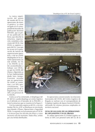 Despliegue de un PC de Grupo Logístico

Interior del CICAL en operaciones de la BRILEG

En operaciones convencionales, las relaciones
funcionales del CICAL del Centro Logístico de
Brigada se realizan con el correspondiente de
Complejo Logístico de Apoyo General (COLAG),
utilizando los mismos procesos empleados en
territorio nacional.
CICAL DE LAS ULOG DE LAS OPERACIONES
RA (AFGANISTÁN) Y LH (EL LÍBANO)
En ambas operaciones la Unidad Logística se
forma al 50% con personal tanto del GL de la
REVISTA EJÉRCITO • N. 872 DICIEMBRE • 2013 69 

DOCUMENTO

La nueva organización del puesto
de mando del GL en
operaciones, de manera genérica, ya viene
recogida en el correspondiente borrador de
publicación doctrinal
PD4-001, que se prevé sea publicado en
breve, que describe la
estructura, organización, cometidos y relaciones del CICAL. Este
CICAL es orgánico, y
puro del GL, cosa que
no ocurre en la generación de fuerzas de
organizaciones operativas, o de las ULOG
desplegadas en las actuales operaciones. En
este sentido, los GL
y las AALOG ya están acostumbrados a
trabajar con CICAL,
ya que las ULOG del
Líbano y Afganistán ya
lo han implementado
desde hace tiempo.
Conviene recordar
que en operaciones,
las ULOG se conforman, a un 50% aproximadamente, con
personal del GL de la
brigada base, y el otro
50% con personal de
la AALOG.
Como ya se ha comentado, el despliegue del
PC del GL cuando despliega un centro logístico
es el definido en el borrador de la PD4-001, y
tiene la estructura que se muestra en la Figura 2.
Con los materiales orgánicos del GL y con tres
tiendas TM-36, el PC se distribuye en una tienda
para Mando y Planes, Operaciones y Seguridad
(POS), la segunda exclusivamente para el CICAL
y la tercera para los oficiales de enlace y como
necesaria sala de reuniones. Todas ellas, unidas
por una tienda distribuidor.

 
